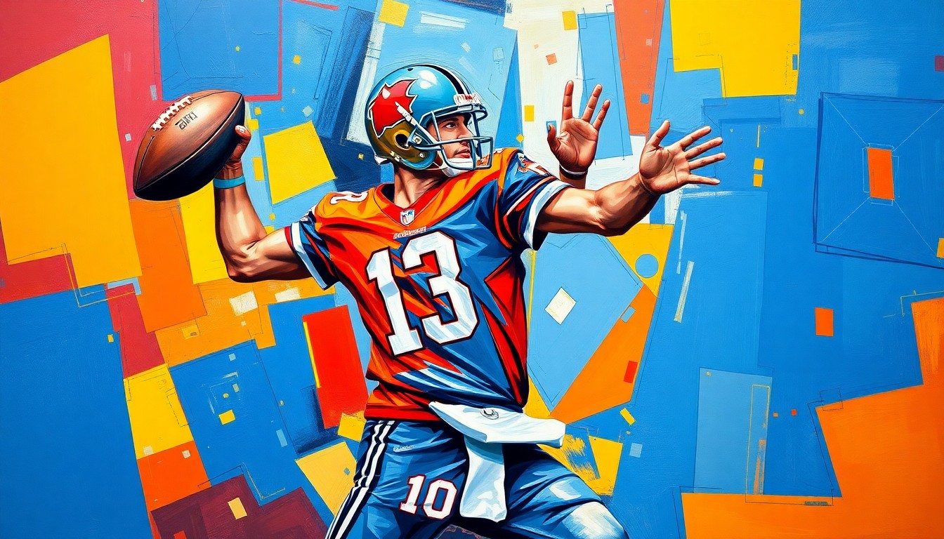 A cubist-style painting depicting a quarterback's throwing motion broken down into sharp, geometric shapes and planes in a vibrant color palette, capturing the raw athleticism and potential of Taylen Green.