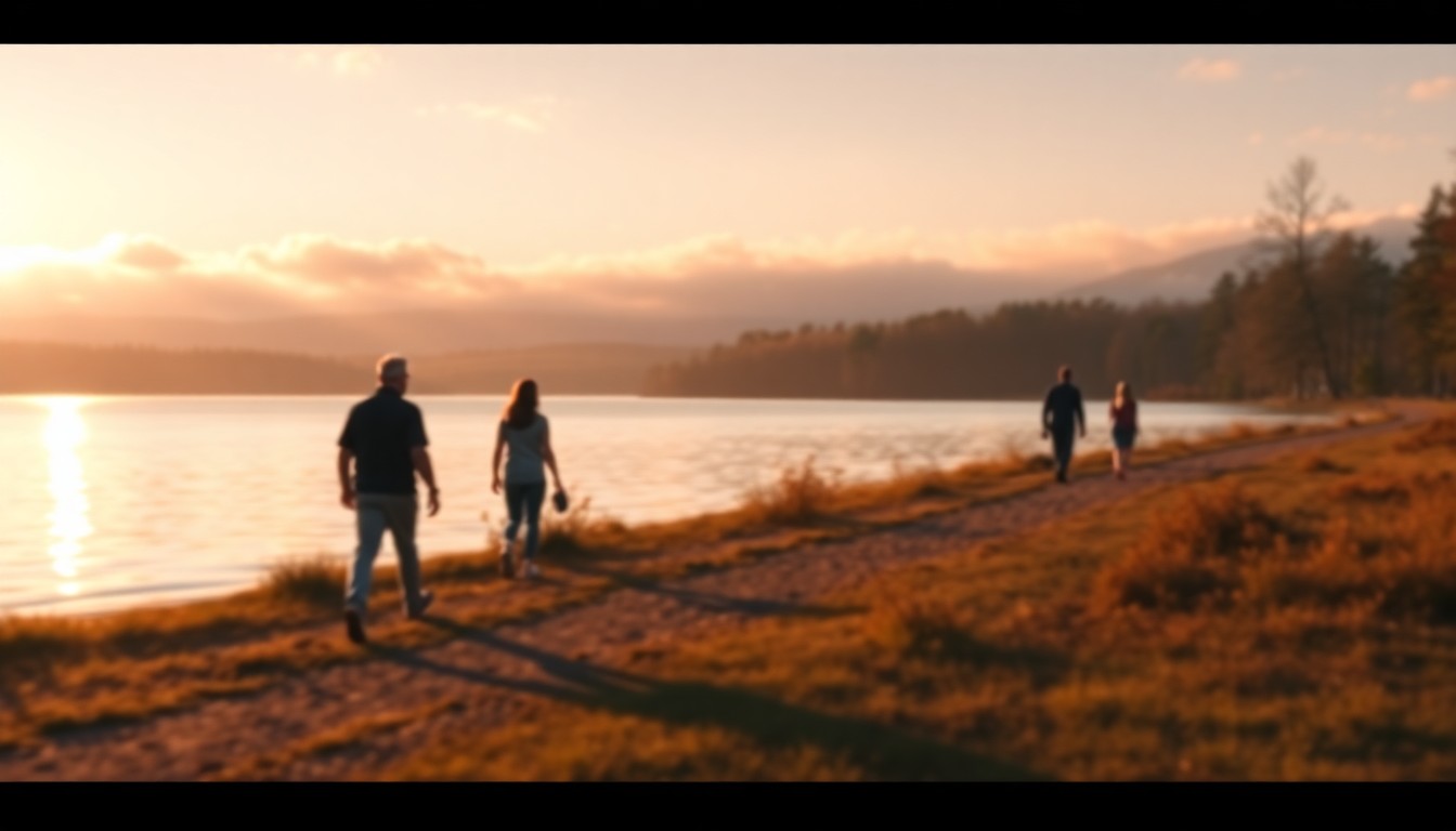 An abstract, impressionistic scene of people walking along a lakeside trail, with soft, blurred brushstrokes of warm colors and gentle light reflecting off the water's surface.