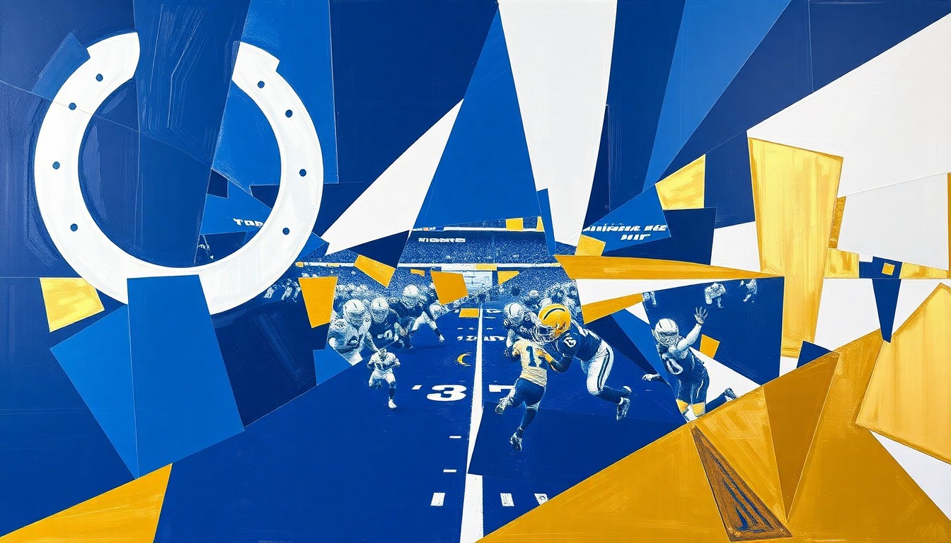A cubist, fragmented painting depicting a football game or match, with sharp geometric shapes in navy blue, white, and metallic gold representing the Indianapolis Colts' offense.