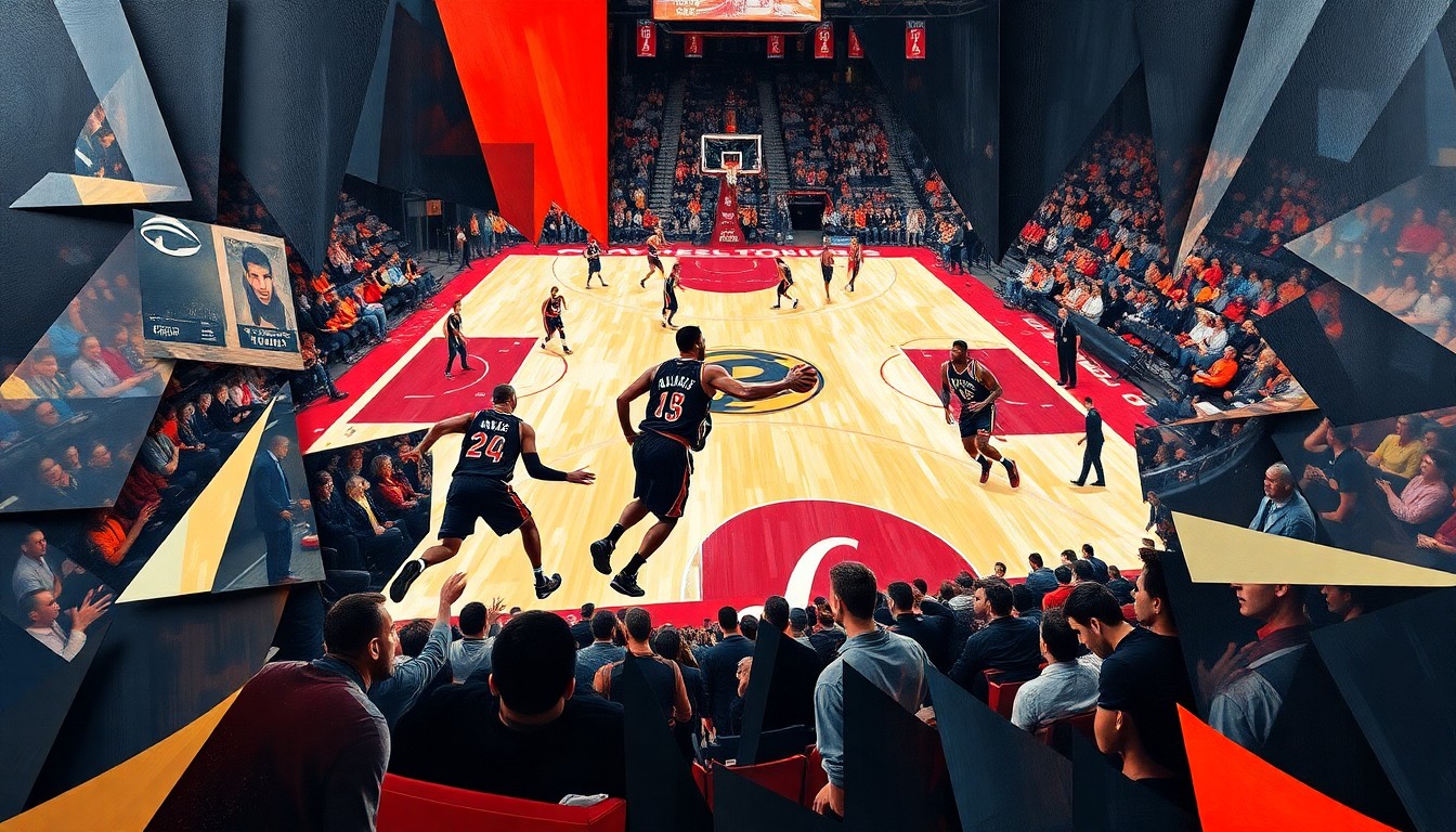 A fragmented, geometric painting in the style of Pablo Picasso, depicting an abstracted basketball game between the Raptors and Cavaliers, with the players' figures and the court broken down into sharp, overlapping planes of color and shape.