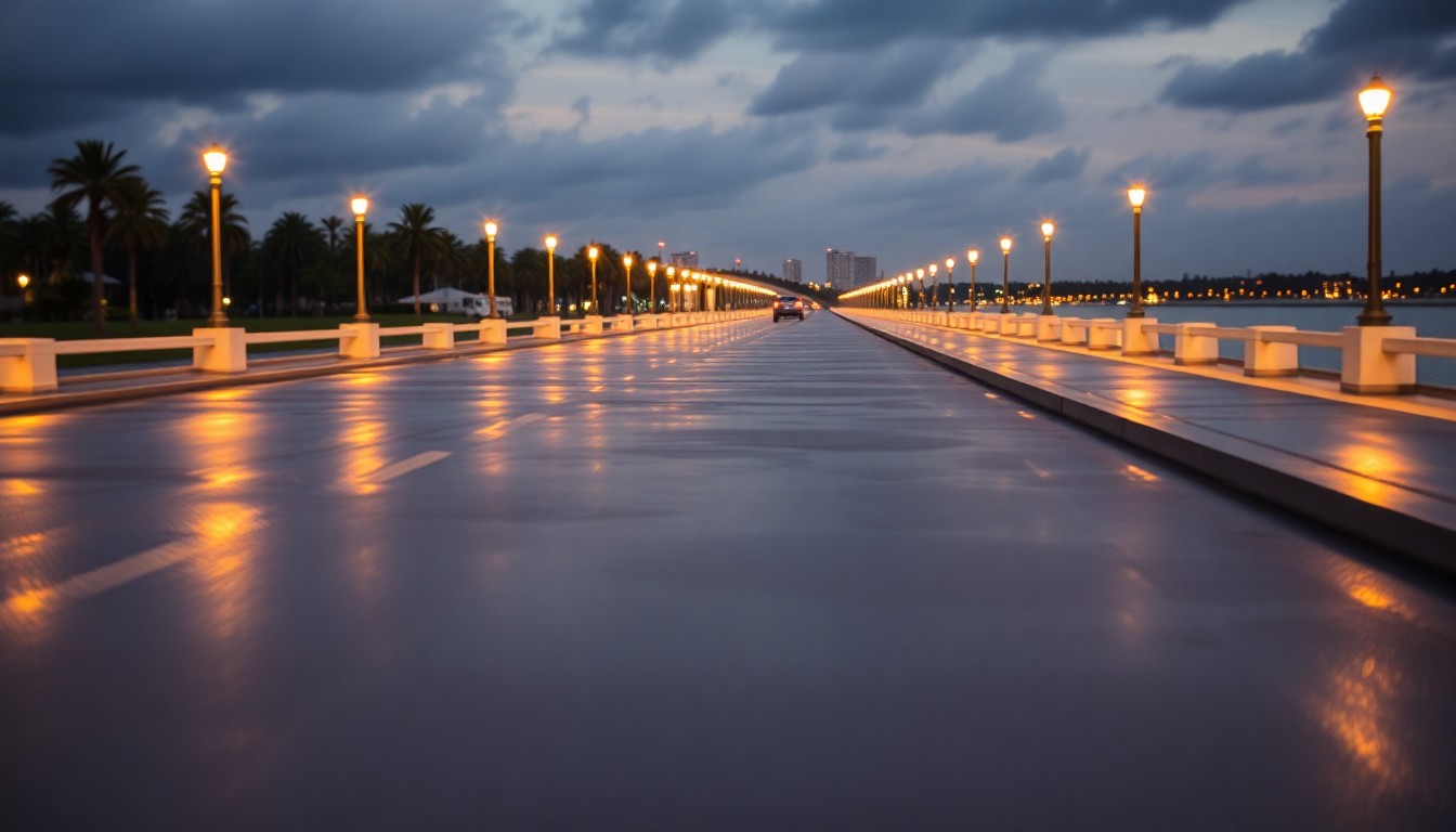 An abstract, impressionistic photograph of a wet street in Palm Beach, with blurred lights and colors reflecting the mood of a community event honoring a local icon.