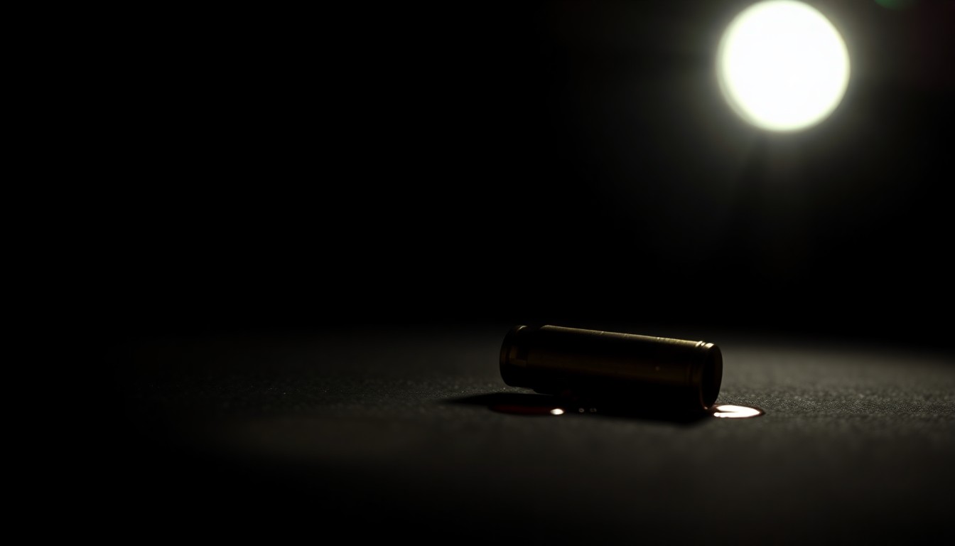 An extreme close-up photograph of a single piece of crime scene evidence, such as a bullet casing or a bloodied piece of fabric, lit by a harsh, direct camera flash against a pitch-black background, conceptually illustrating the disturbing nature of this family murder case.