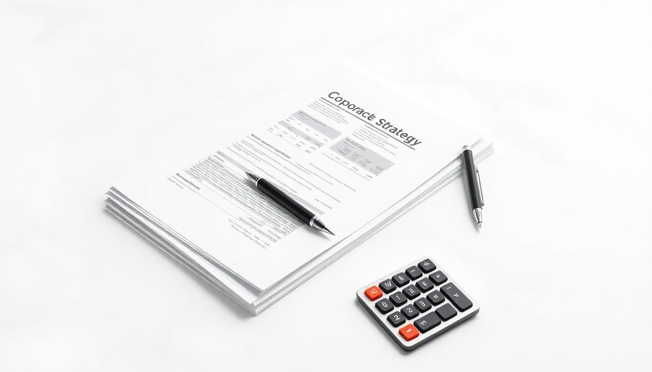 A high-end, photorealistic studio still-life photograph featuring a stack of financial documents, a pen, and a calculator arranged elegantly on a clean, white seamless background, conceptually representing the abstract concepts of corporate strategy, finance, and business valuation.