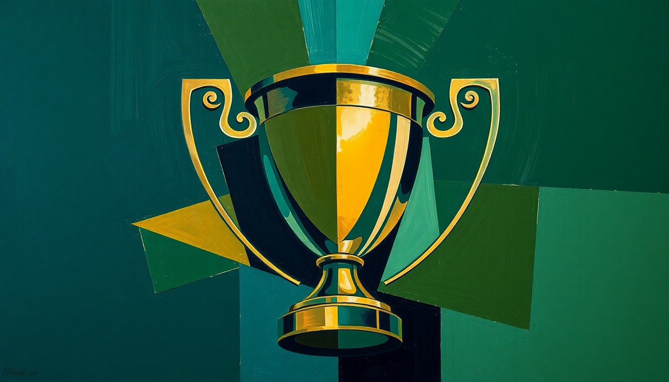 A cubist, geometric painting depicting a deconstructed tennis trophy, with sharp planes of navy, green, and gold overlapping to create an abstract, fragmented composition.