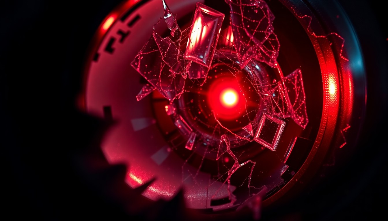 An extreme close-up photograph of a shattered car sensor lens reflecting a faint red light, conceptually illustrating the devastating impact of a deadly street racing incident.