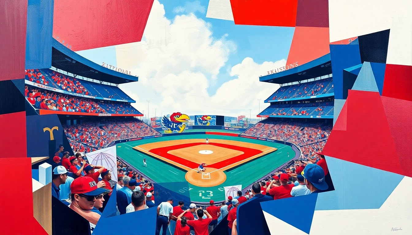 A cubist, geometric painting featuring overlapping planes of crimson, blue, and white, representing the dynamic action and energy of a college baseball game.