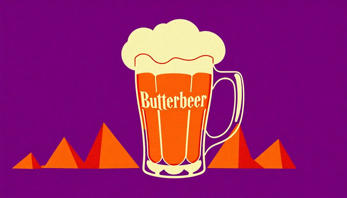 An abstract, geometric illustration featuring bold, jagged shapes in shades of purple, orange, and gold, conceptually representing the Harry Potter Butterbeer experience coming to Rochester Hills.