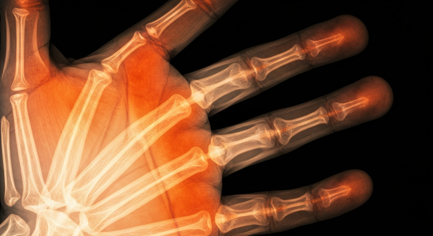 An extreme close-up X-ray photograph revealing the intricate internal structures of a sunburned hand, with ghostly glowing lines against a dark background conceptually illustrating the delicate nature of skin damaged by UV radiation.