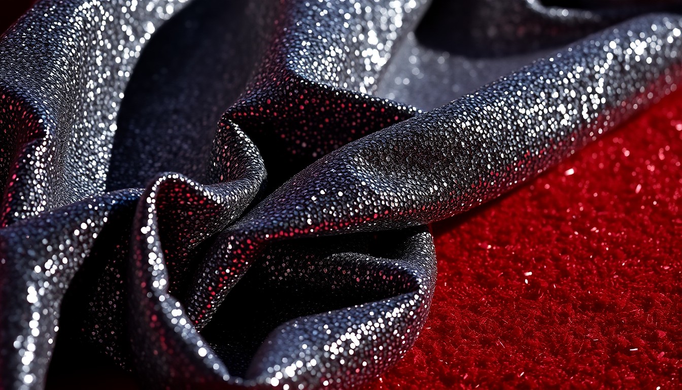 An extreme close-up photograph of a crumpled, glittering piece of metallic fabric, capturing the luxurious textures and dramatic lighting of a celebrity red carpet setting.