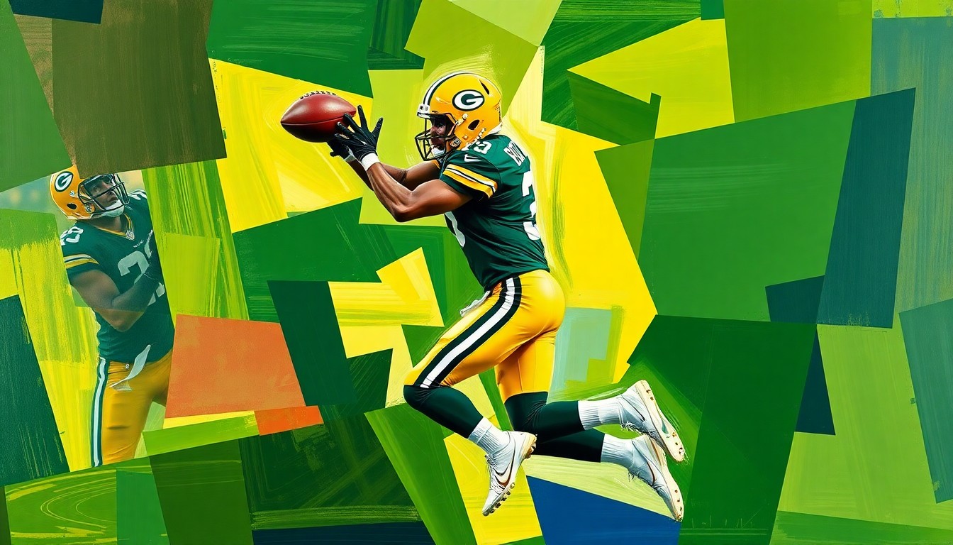A fractured, multi-perspective painting depicting a wide receiver making a catch in the end zone, broken down into sharp, overlapping geometric planes in vibrant colors of green, gold, and navy blue.