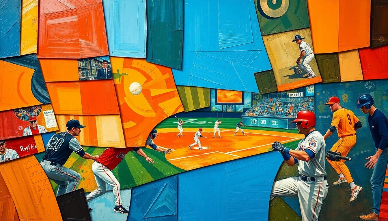 A cubist, geometric painting depicting fragmented baseball players and field elements in a dynamic, overlapping composition using bold, contrasting colors.