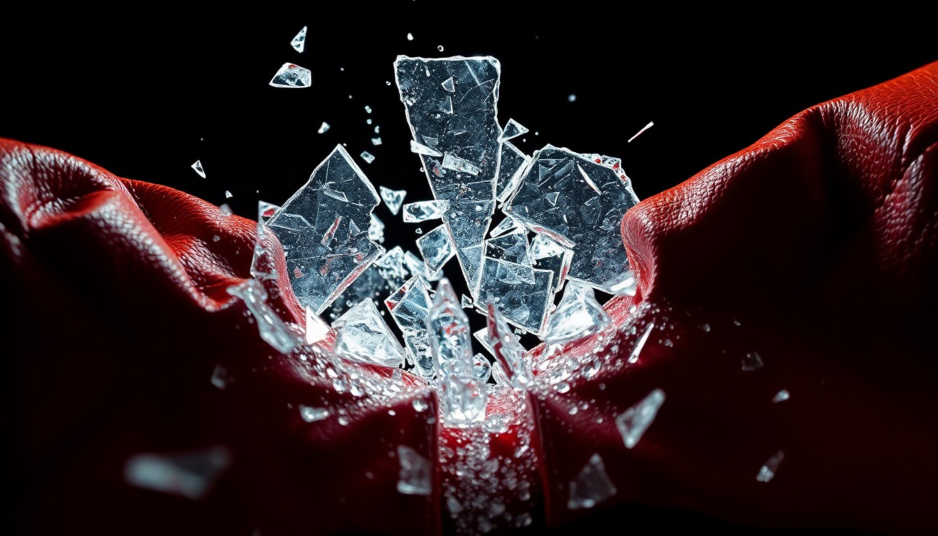 An abstract close-up image featuring dramatic, high-contrast textures of shattered glass and cracked leather, conceptually representing the fractured aftermath of an on-set altercation.