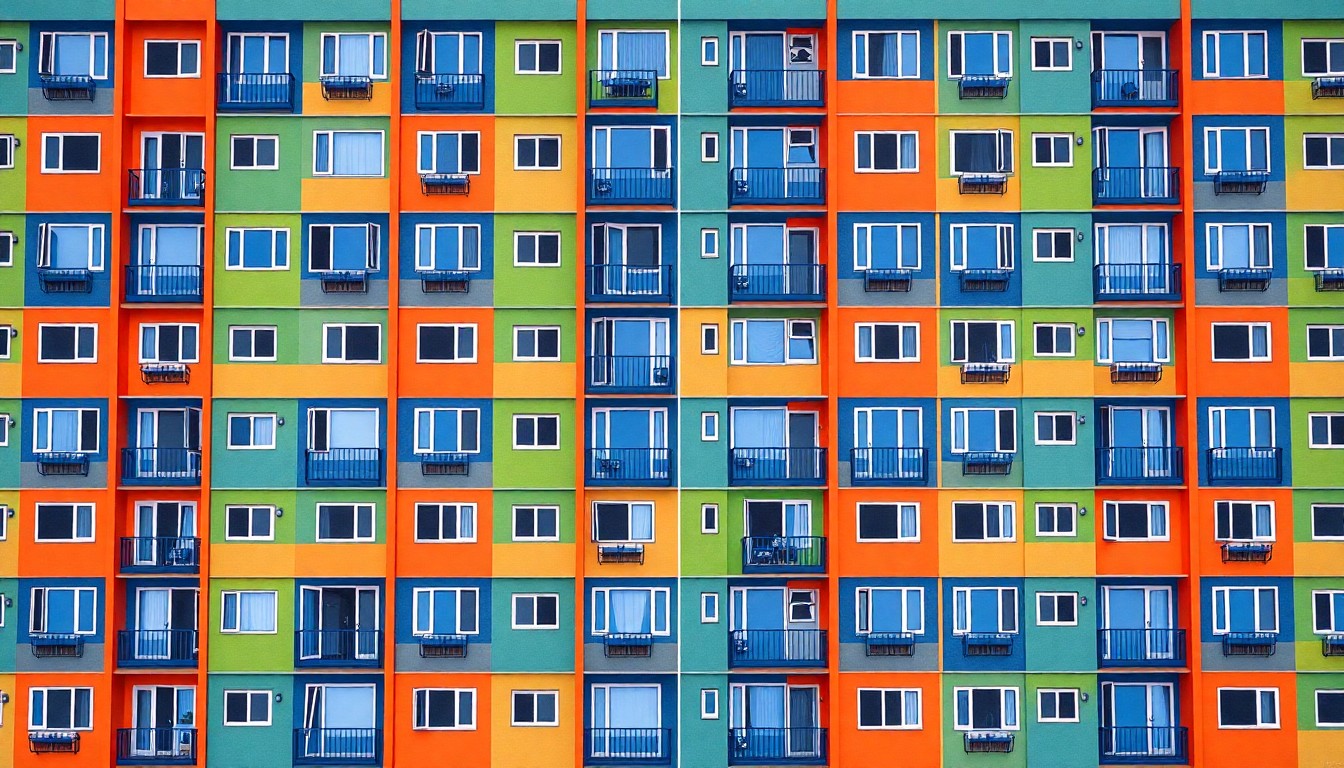 A brightly colored, abstract silkscreen print depicting the facade of a modern apartment building repeated in a grid, conveying the celebratory energy of new affordable housing construction in the Chicago Lawn neighborhood.