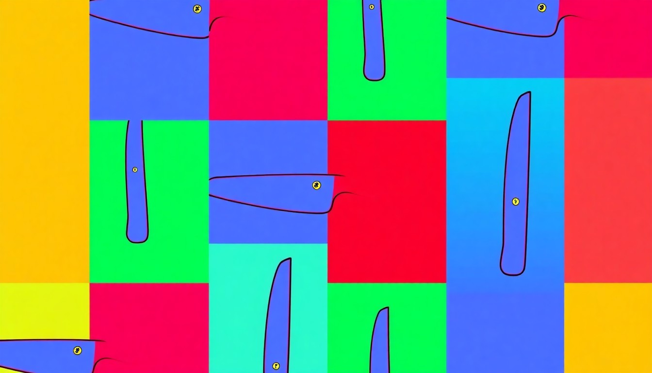 A brightly colored, high-contrast silkscreen print of a single, iconic steak knife repeated in a tight grid pattern, conceptually representing the signature dining experience of the new Perry's Steakhouse & Grille location in Gilbert, Arizona.