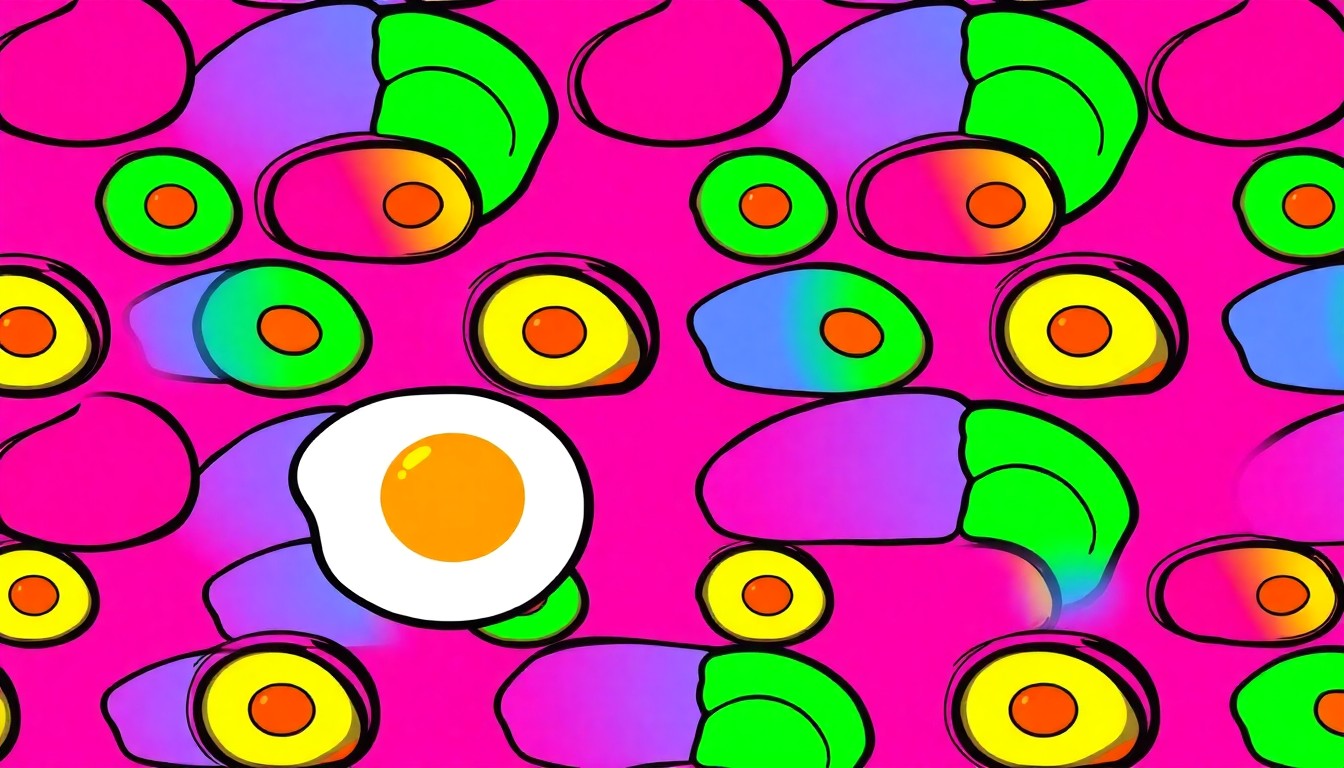 A vibrant, high-contrast silkscreen print featuring a repeated pattern of a single breakfast burrito ingredient, such as a fried egg or hash brown, in a bold, neon color palette that captures the energy and creativity of the LA food scene.
