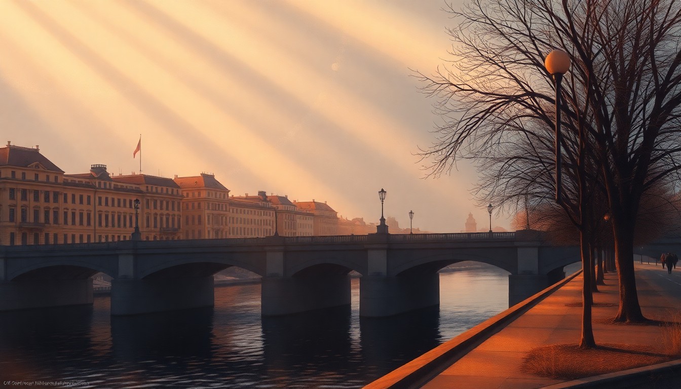 A serene, cinematic painting of the Imperial Bridge in Vienna, with the structure bathed in warm, diagonal sunlight and deep shadows, conveying a sense of relief and preservation after the city's liberation from Nazi occupation.