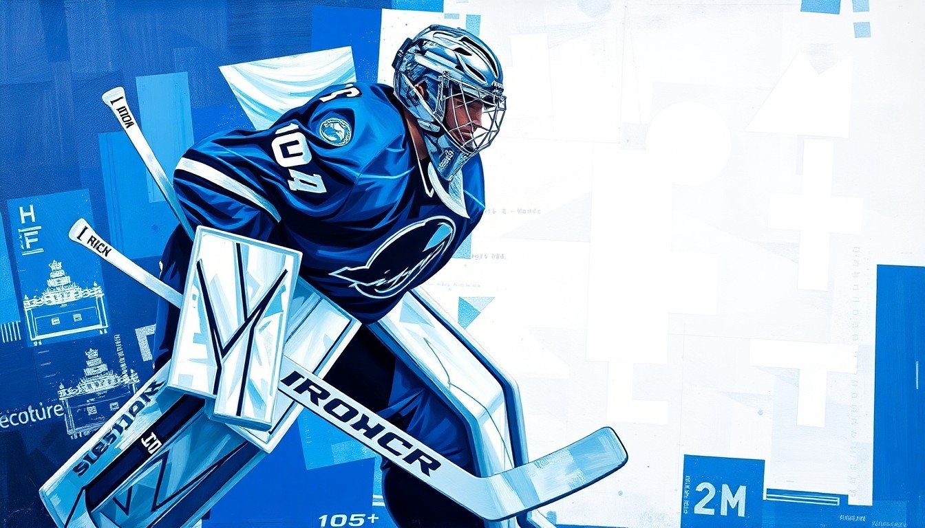 A cubist, geometric painting depicting the fragmented movements and equipment of a hockey goaltender, conveying the complex and dynamic nature of the position as Jonathan Quick's career comes to a close.