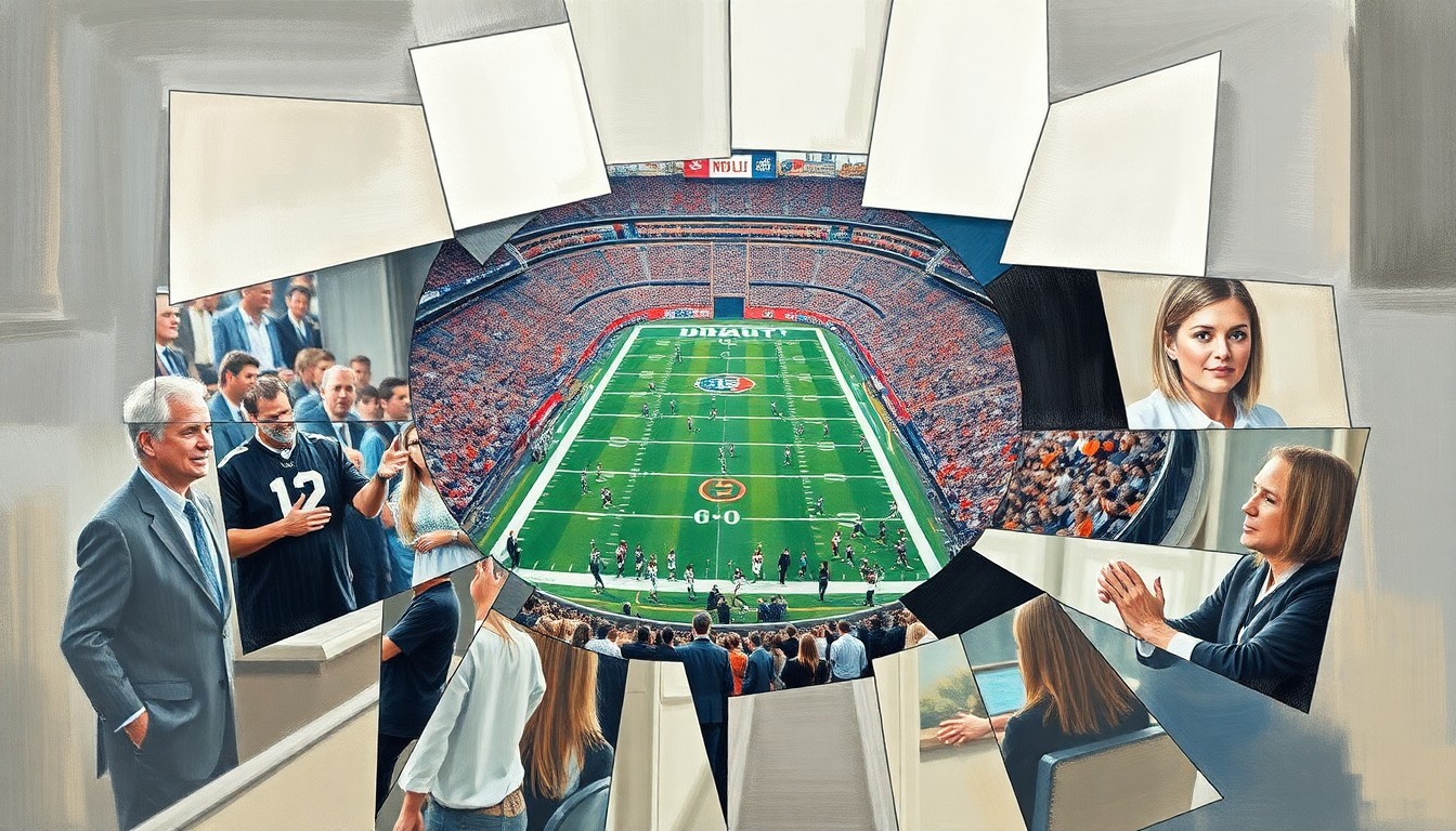 A cubist, geometric painting depicting fragmented, overlapping shapes and planes that abstractly represent a football game or NFL draft scene, conveying the dynamic and unpredictable nature of a potential trade between the Saints and Cowboys.