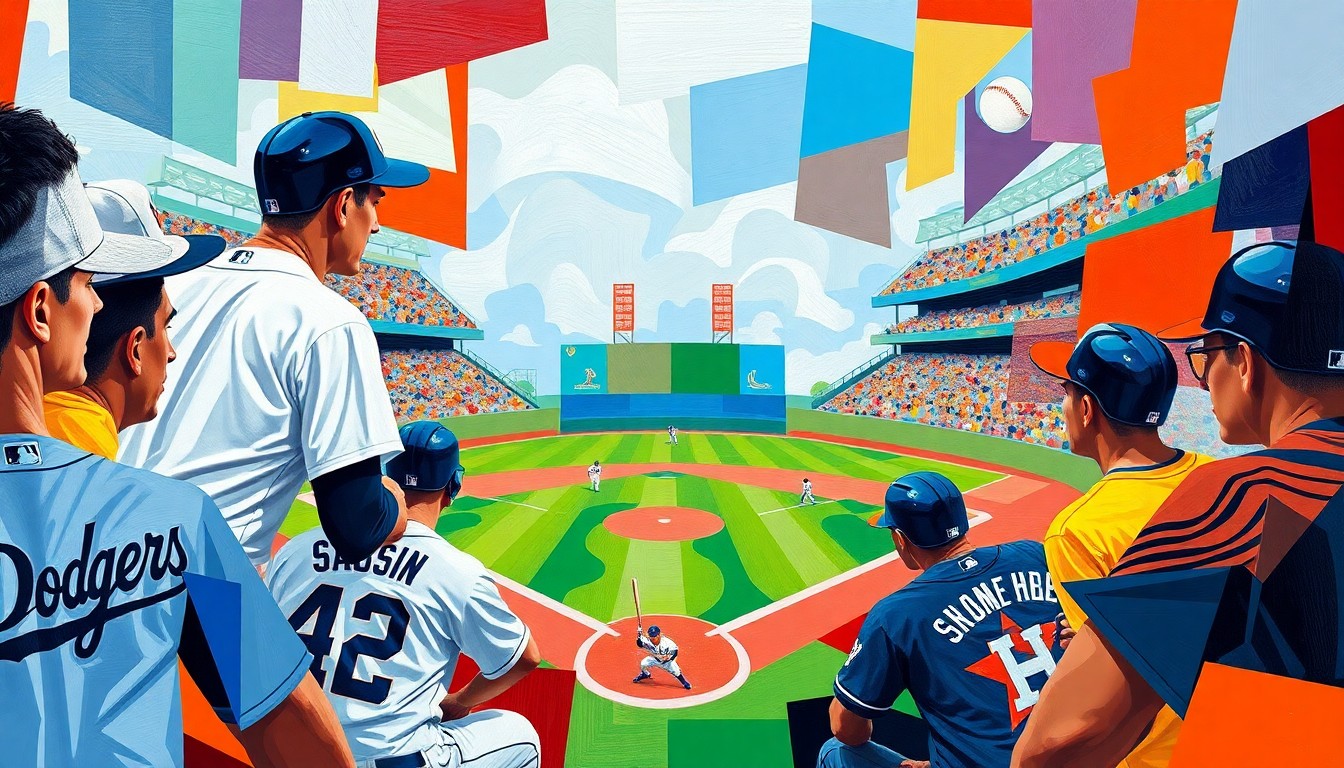 A cubist, geometric painting depicting a baseball game, with the players and field broken down into sharp, overlapping planes of color representing the uniforms of the Dodgers and Astros.
