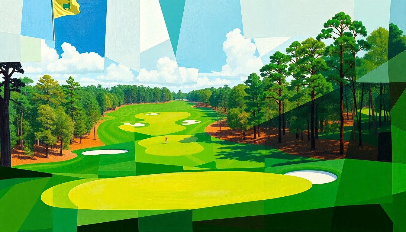 A cubist, geometric painting depicting the final round of the 2026 Masters golf tournament, with overlapping planes of color and form representing the dynamic action on the course.
