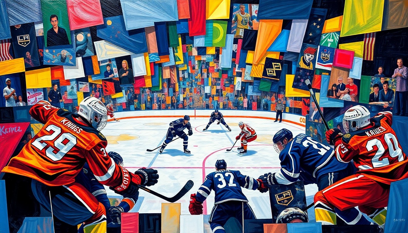 A fragmented, geometric painting depicting the action of a hockey game, with sharp planes of color representing the players and movement of the puck on the ice.