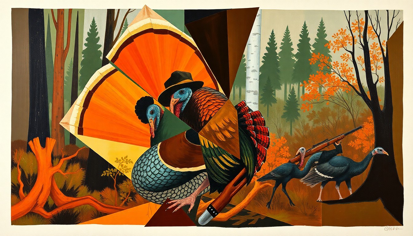 A fragmented, geometric painting in earthy tones depicting the various angles and perspectives of a turkey hunt, conveying the dynamic energy of the event.