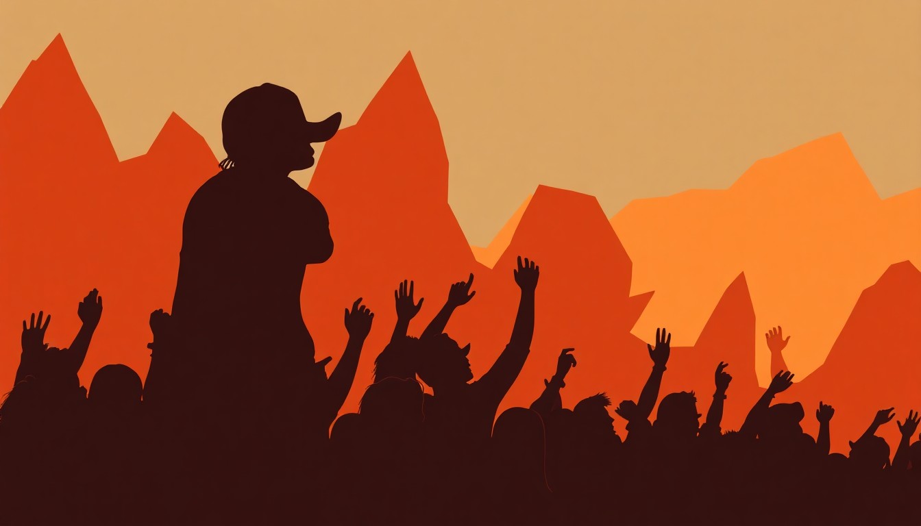 An abstract, minimalist illustration featuring bold, jagged shapes in earthy tones that evoke the energy and excitement of a country music festival.