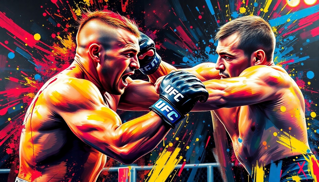 An abstract expressionist painting in vibrant neon colors, capturing the intense energy and movement of a UFC fight, with the fighters' faces and details dissolving into unrecognizable brushstrokes.