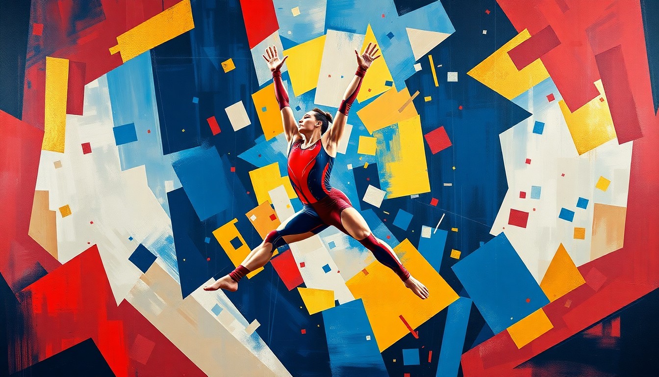 A cubist-style painting depicting a gymnast mid-routine, with their body fractured into overlapping geometric shapes in shades of navy, crimson, and gold, conveying the dynamic motion and energy of the competition.