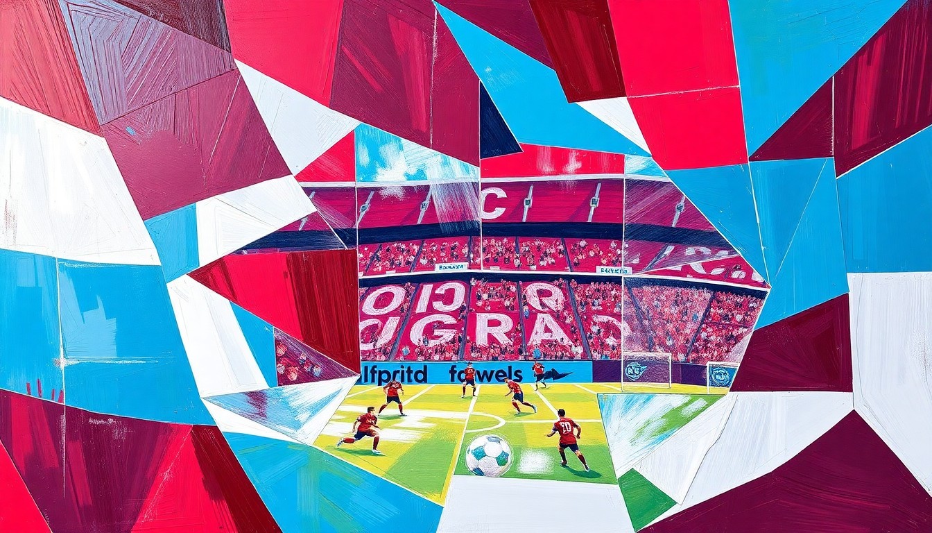 A fragmented, geometric painting in shades of burgundy, sky blue, and white, depicting the dynamic movement and passing patterns of a Colorado Rapids soccer match.