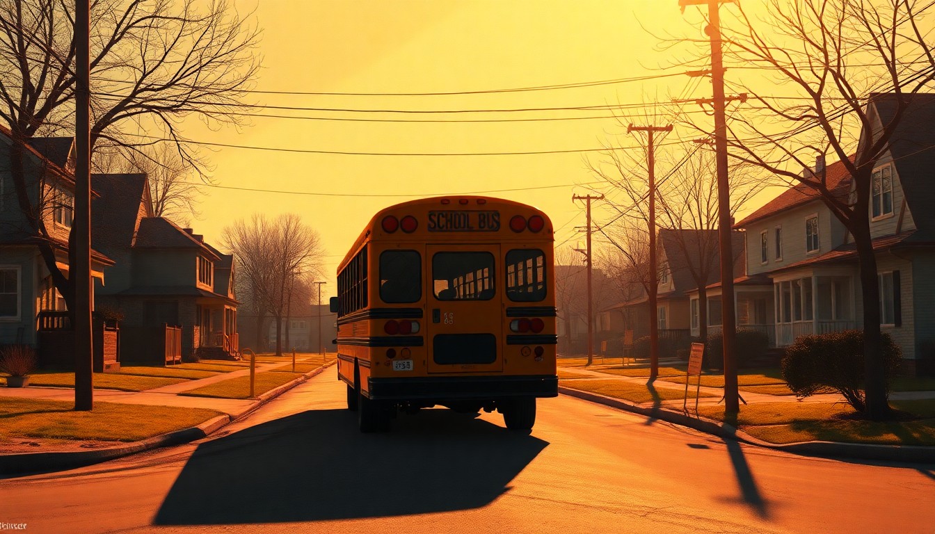 A serene painting of a lone school bus parked on a quiet suburban street, the vehicle's angular form and reflective windows casting dramatic shadows across the pavement in the warm afternoon light, conceptually representing the quiet momentum building behind a local school board campaign.