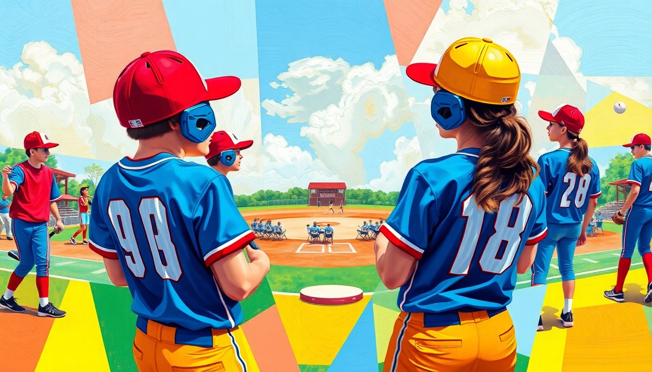 A cubist-style painting depicting a high school softball game, with the players and field broken down into sharp, overlapping geometric shapes in vibrant colors, capturing the dynamic movement and energy of the sport.