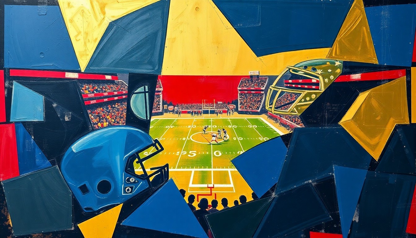 A fragmented, cubist-style painting depicting a football game, with players and the field broken down into sharp, overlapping geometric shapes in a palette of navy, gold, and crimson, conveying the strategic complexity and energy of the NFL draft process.