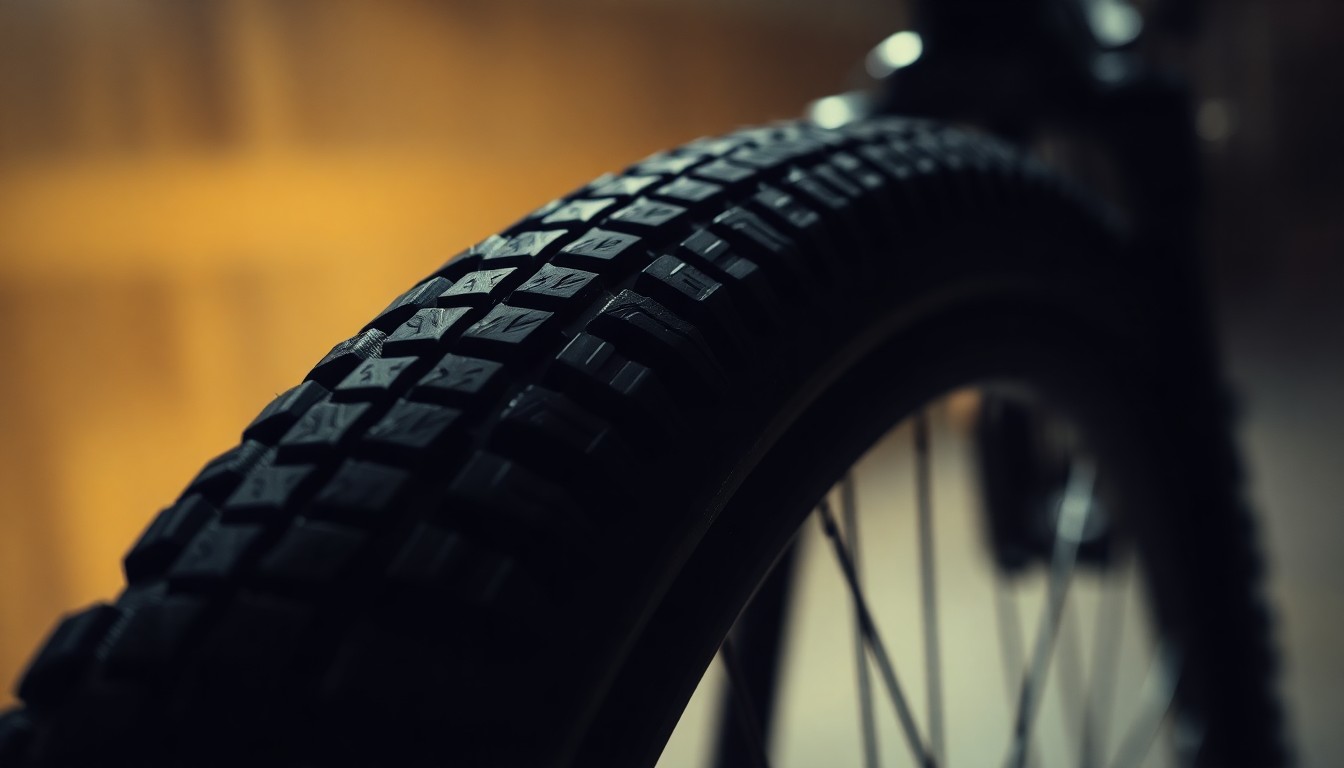 An extreme close-up photograph of a bicycle tire tread, with the tire's texture and material details highlighted in dramatic, moody lighting against a blurred background, conceptually representing the new bicycle patrol program on the Rend Lake trails.