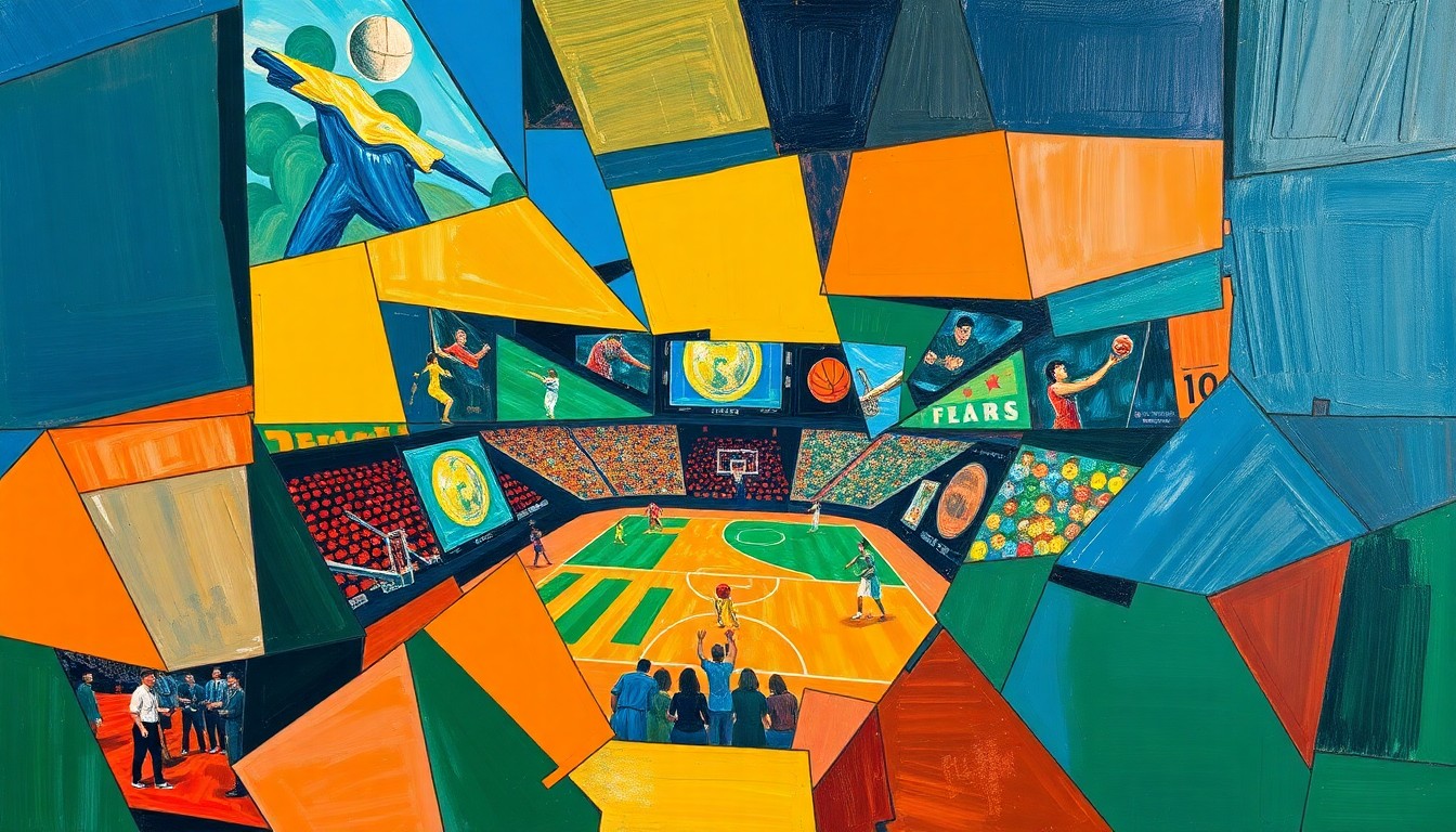 A fragmented, geometric painting depicting a sports scene, with sharp planes of color and overlapping shapes that obscure any specific details, conveying the abstract nature of Galesburg's evolving history.