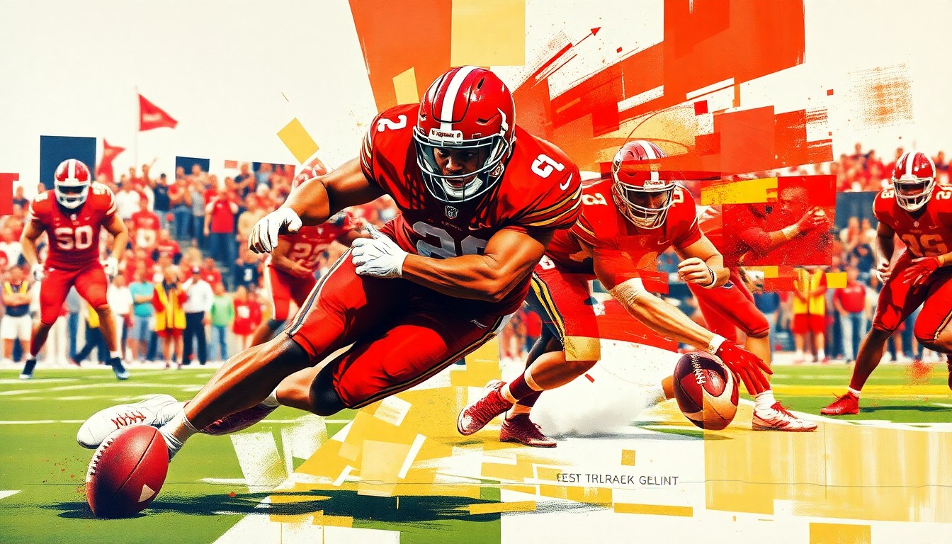 A cubist, geometric painting depicting a football player in a red uniform making a powerful defensive play, with sharp, overlapping planes of red, black, and gold colors.