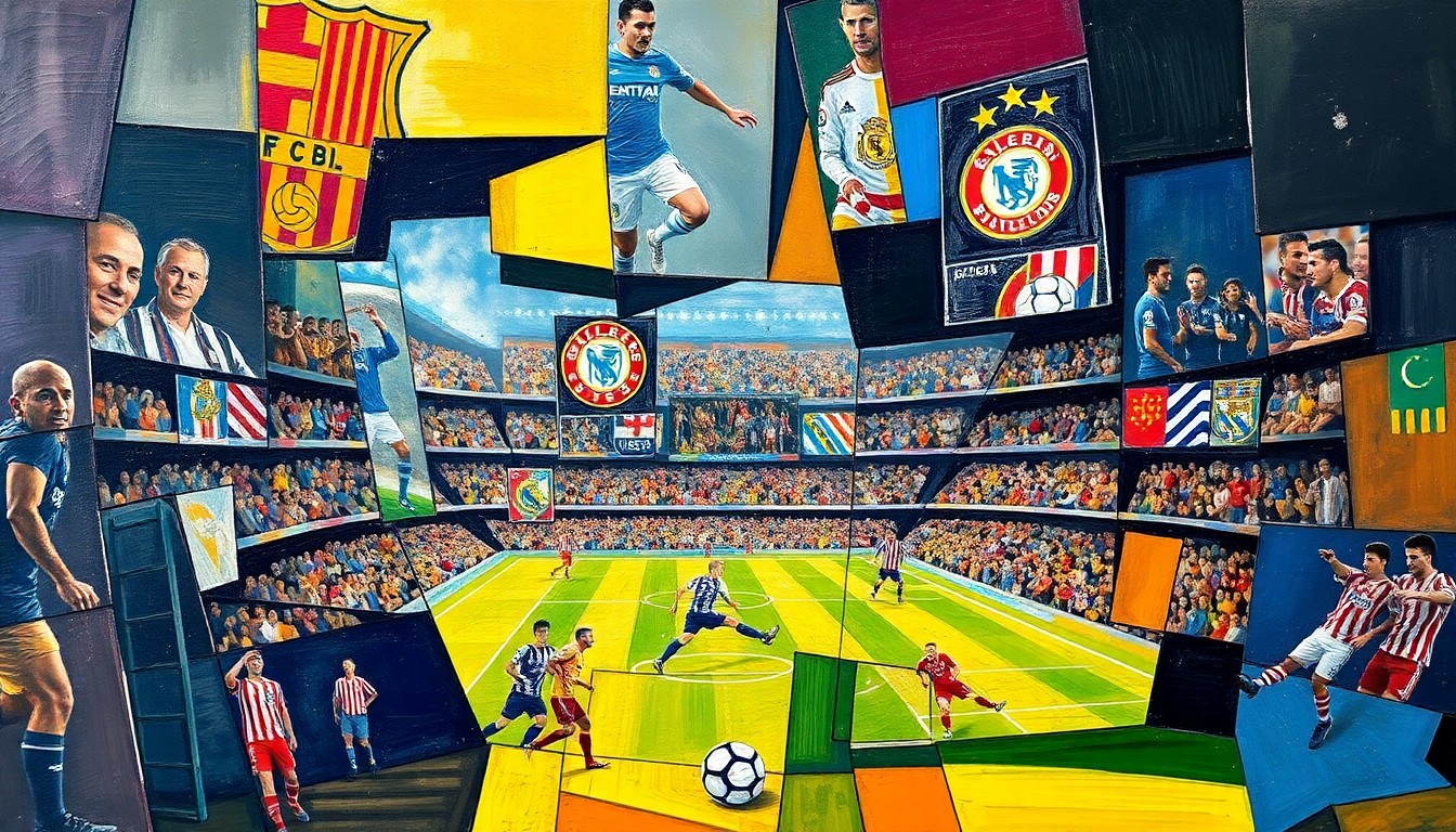 A cubist, geometric painting depicting a soccer match, with the players and field broken down into sharp, overlapping shapes and planes of color, capturing the raw energy and tension of the game.