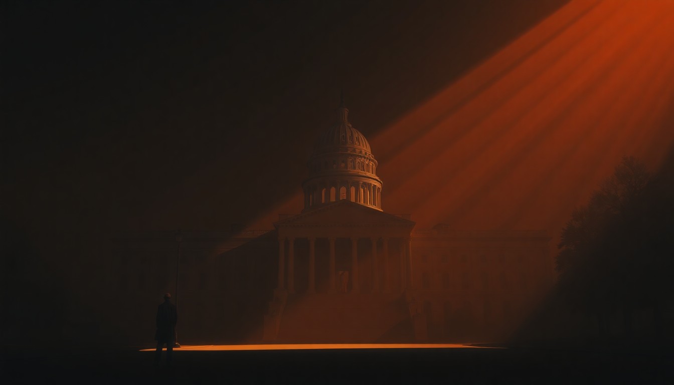 A serene, cinematic painting depicting a solitary government building or political figure in warm, golden light, evoking a sense of quiet contemplation and the tension between spiritual and political realms.