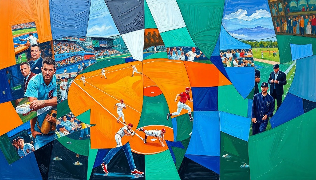 A fractured, cubist-style painting depicting the movements and actions of baseball players on a field, with sharp geometric shapes and planes of vibrant colors like blue, orange, and green, conceptually representing the challenges the Houston Astros are facing due to a rash of early-season injuries.