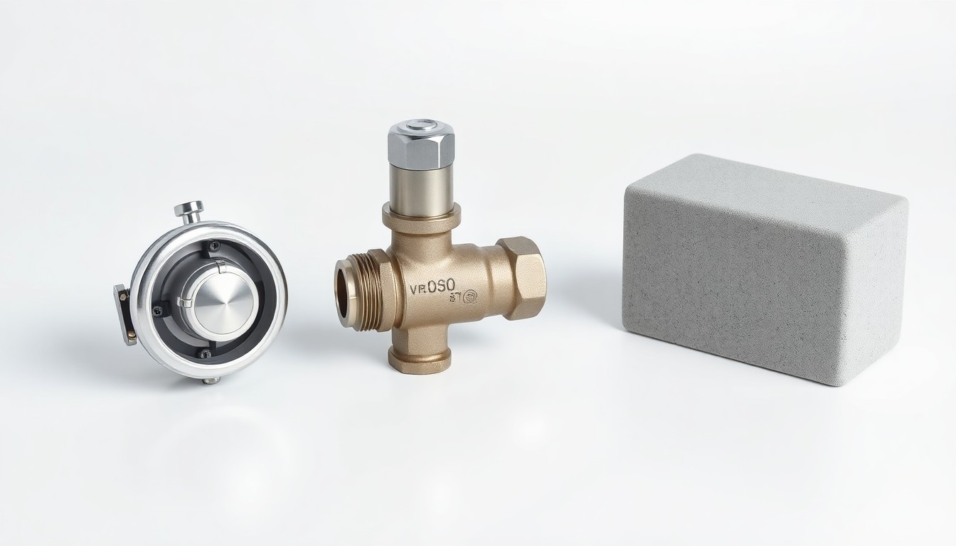 A photorealistic studio still life featuring a polished metal thermostat, a sleek stainless steel valve, and a smooth concrete block, arranged elegantly on a clean white background to symbolize the precision and durability required in cold chain operations.