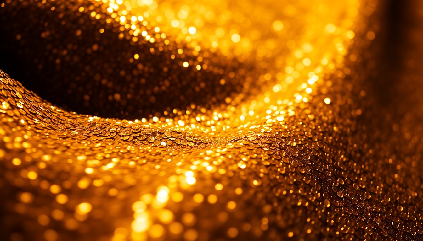 An extreme close-up photograph of a shimmering gold sequin fabric, capturing the luxurious texture and dramatic lighting to conceptually represent the glamour and energy of a country music performance.