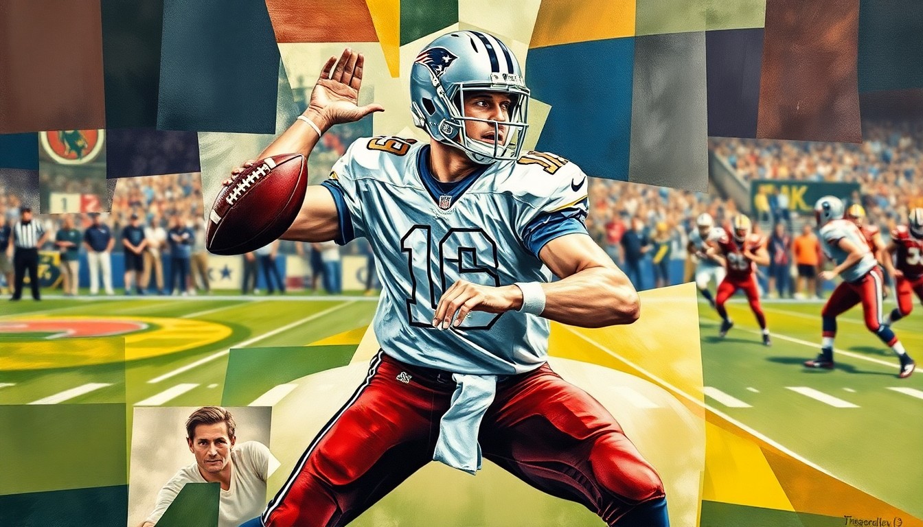 A fragmented, cubist-style painting depicting a football quarterback in motion, with the player's body and the field of play broken down into sharp, overlapping geometric shapes and planes in a variety of colors.