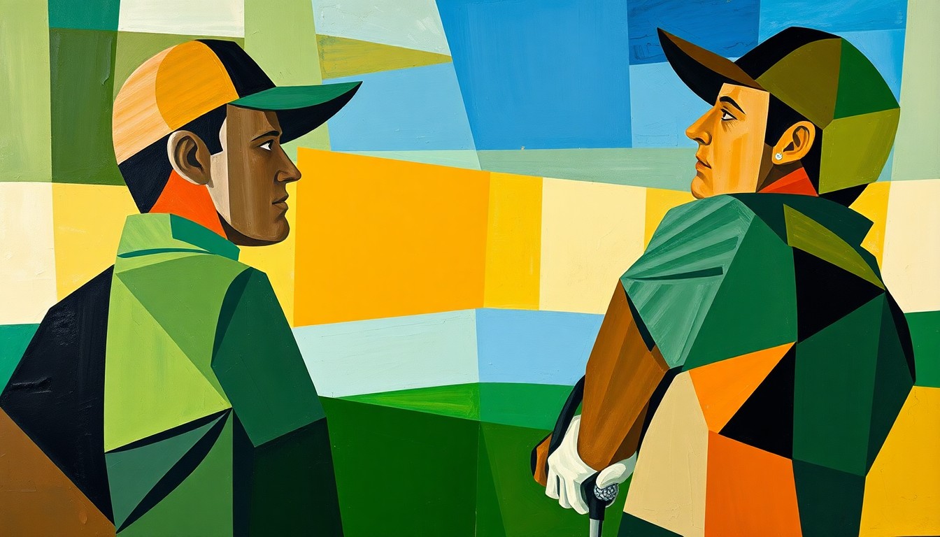 A cubist, geometric painting depicting an abstract golf match, with the players' forms broken down into sharp, overlapping shapes in a palette of earthy greens, browns, and blues.