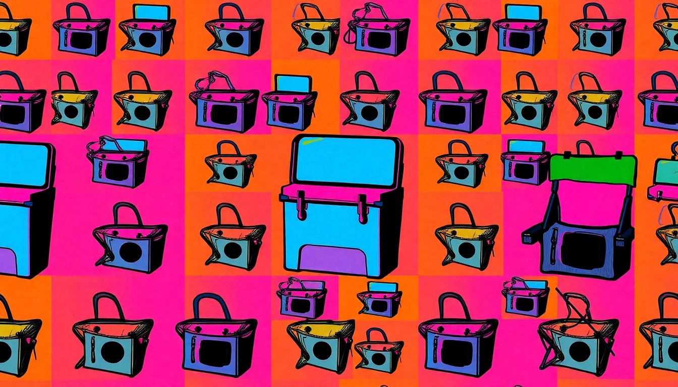 A brightly colored, high-contrast silkscreen print of a single, iconic Coachella camping item such as a cooler or portable speaker, repeated in a tight grid pattern with flat, vibrant neon colors and heavy black outlines, conceptually representing the trend of over-the-top festival camping gear.