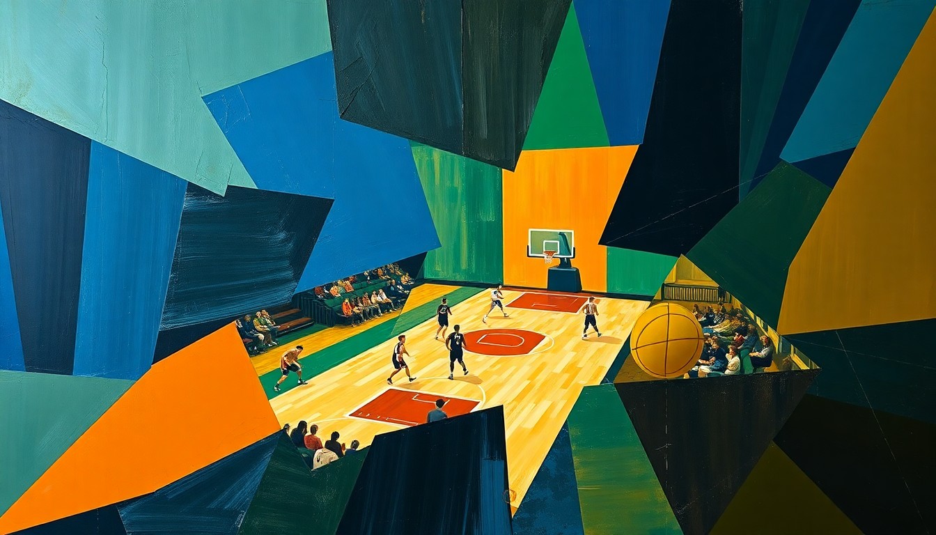 A cubist-style painting depicting a high school basketball game broken down into sharp, overlapping geometric shapes in a palette of deep blue, forest green, and burnt orange, conveying the strategic transition of the coaching staff.