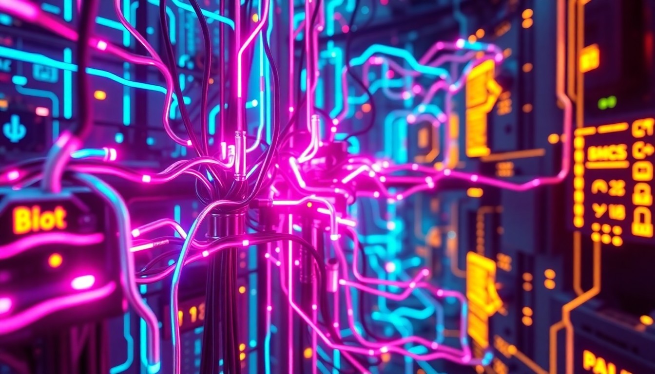 A highly detailed, glowing 3D illustration of a complex network of interconnected digital infrastructure, with neon cyan and magenta lights pulsing through the cables and circuits, conceptually representing the vulnerable, legacy technology systems powering the banking industry that are now exposed to potential exploitation by advanced AI.