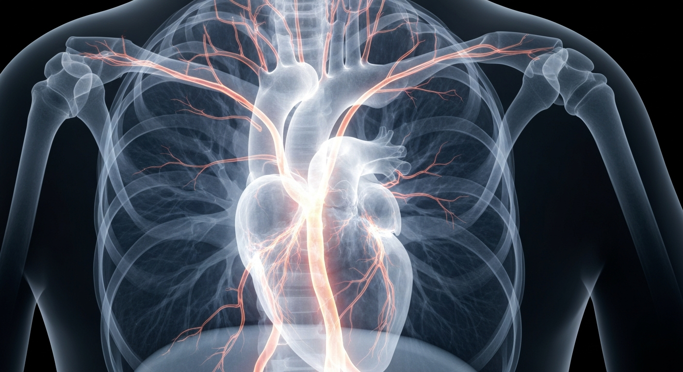 A highly detailed, translucent X-ray photograph showing the internal structures of the human heart and lungs, with glowing veins and arteries highlighting the complex vascular system involved in treating pulmonary embolism.