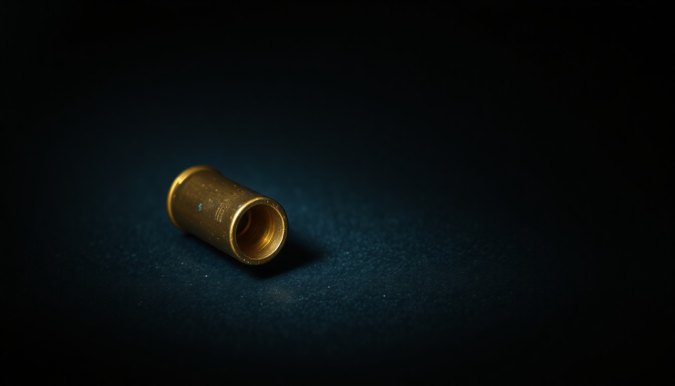 An extreme close-up photograph of a single spent bullet casing lying on a dark, textured surface, lit by a harsh, direct camera flash, conceptually representing the aftermath of a deadly shooting incident.