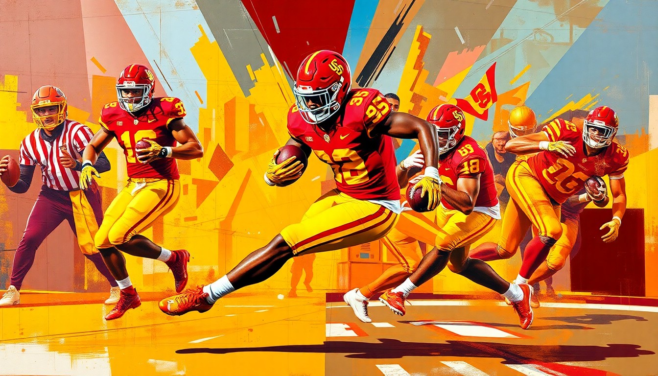 A cubist, geometric illustration depicting a football player in motion, with their body and movements fractured into overlapping planes of cardinal red and gold, conveying the explosive energy and skill of the prospect.
