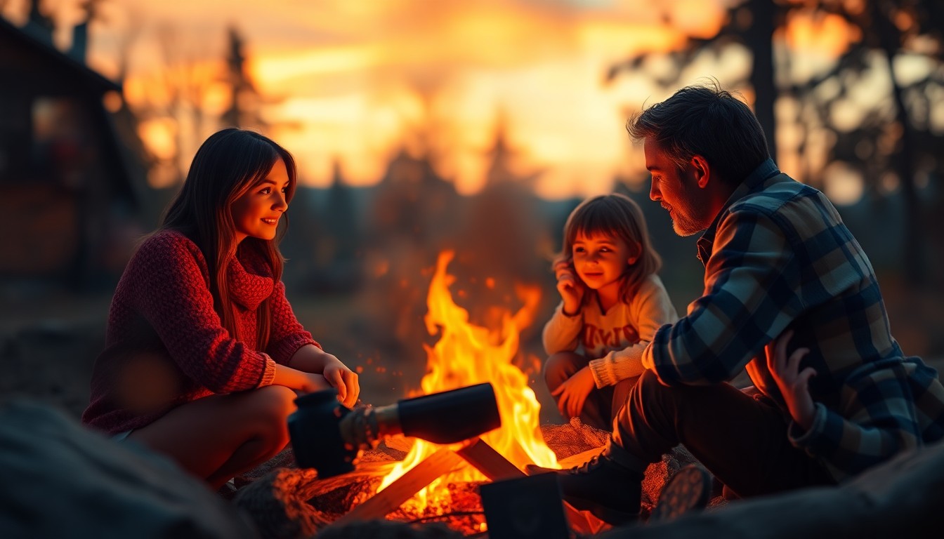 An abstract, impressionistic scene of soft, blurred light and color, evoking the warm, nostalgic atmosphere of a family campfire at dusk.